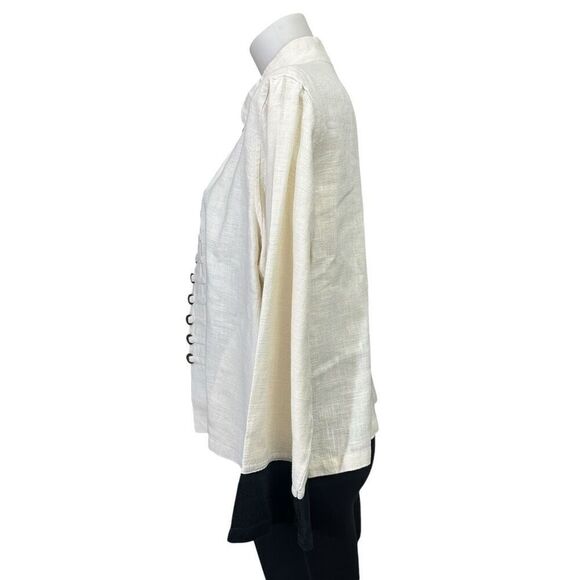 Peacock Ways Cream Black Trim Linen Mandarin Collar Open Blazer Coin sz L VTG - Picture 4 of 10
